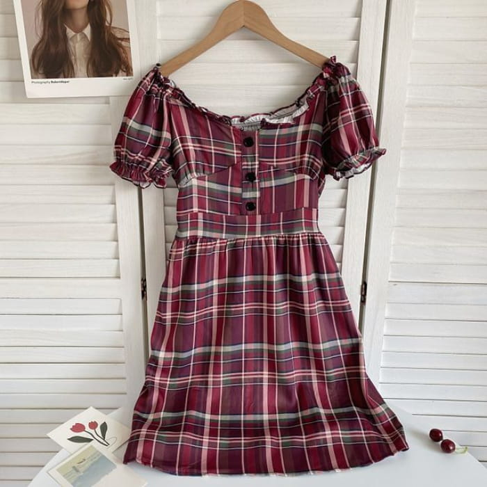 Short-Sleeve Off-Shoulder Plaid Mini A-Line Dress - Vintage
