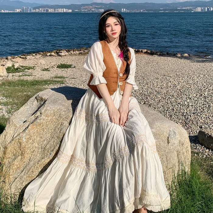 Short-Sleeve Plain Maxi A-Line Dress / Button-Up Vest