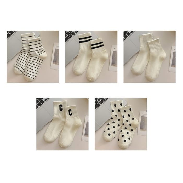 Short Socks Set - 5 Pairs - Wide Stripes & Two Plain Letter