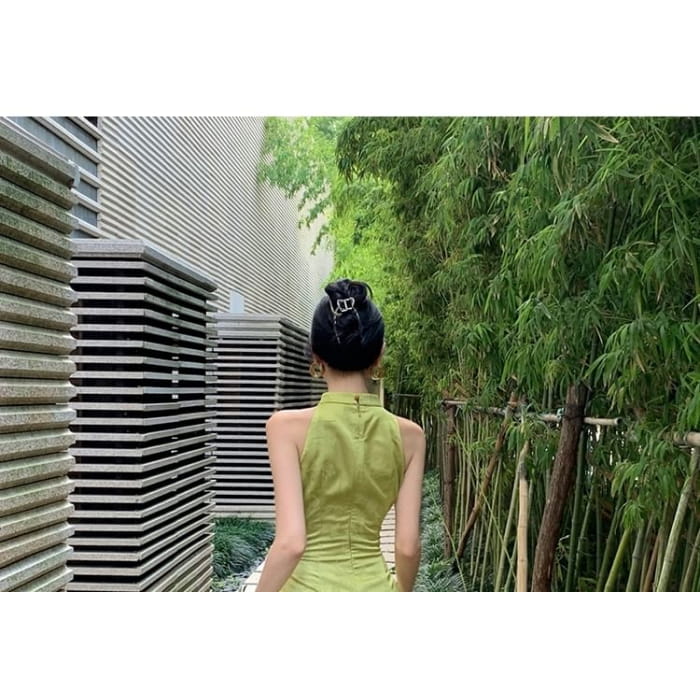 Sleeveless Mandarin Collar Ruched Jacquard Midi Mermaid Dress Egirldoll