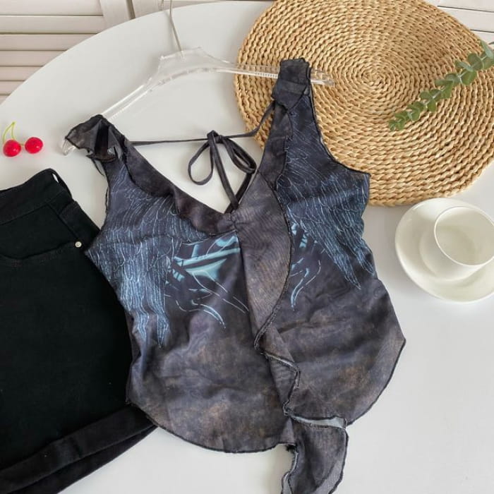 Sleeveless Ruffle Print Crop Top - Type 07 - Dark Gray