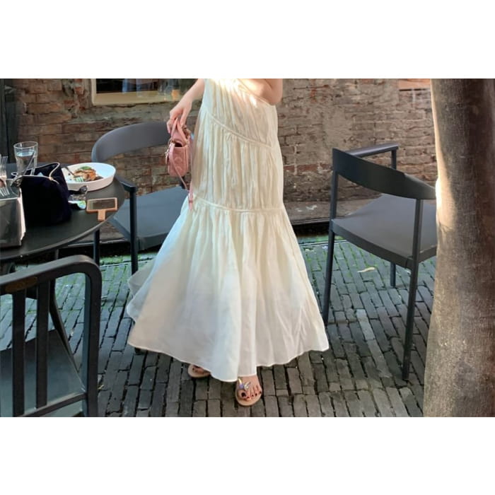 Spaghetti Strap V-Neck Plain Flower Maxi A-Line Dress