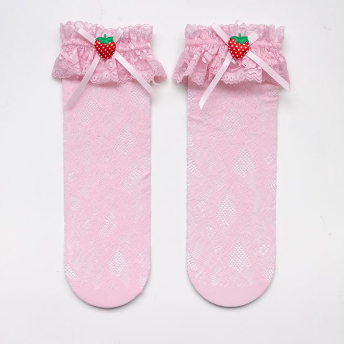 Strawberry Lace Bow Lolita Stockings - Pink(Short)