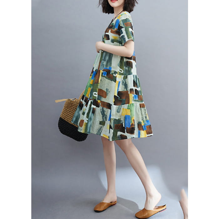 Style Colorblock Ruffled Patchwork Mid Dress Short Sleeve