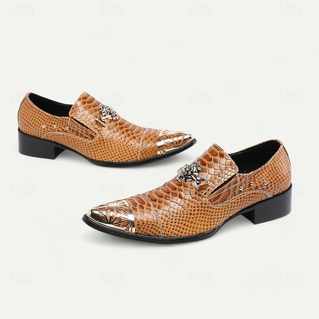 Slip-On Men's Leather with Pattern Metal Snake Brown Shoes