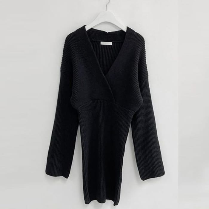 V-Neck Slim-Cut Rib-Knit Mini Dress - Black / One Size