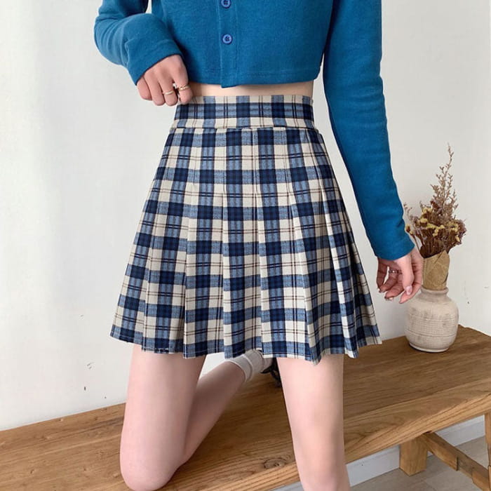 Vintage Campus Plaid Skirt - S / Blue