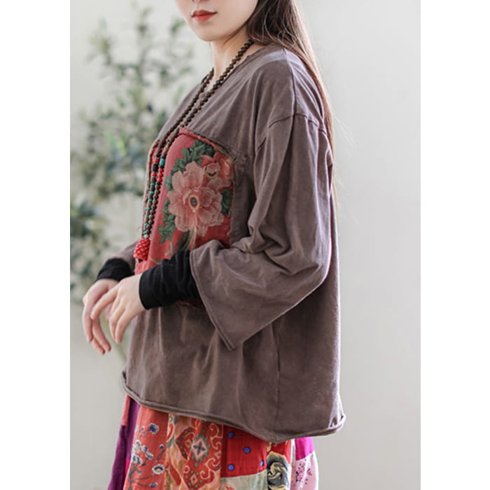 Vintage Coffee O-Neck Appliques Top Long Sleeve VB1017