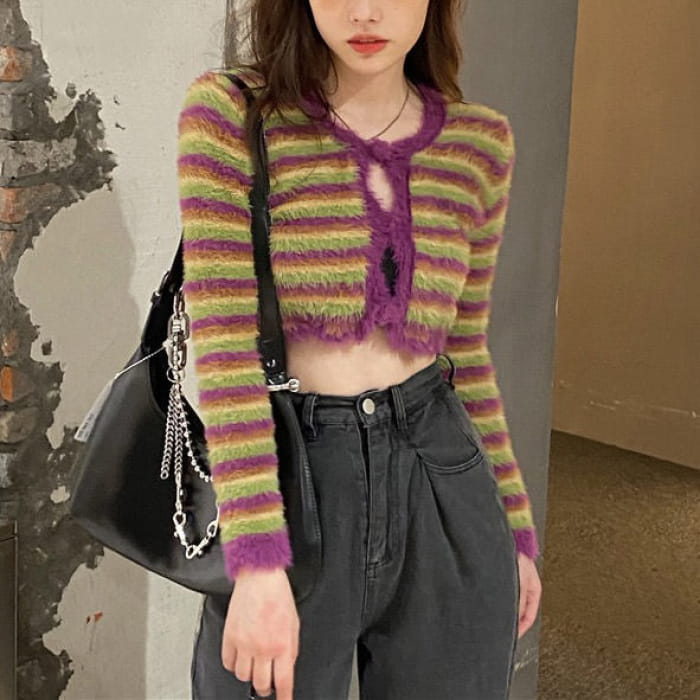 Vintage Fuzzy Cardigan - Free Size / Green/purple