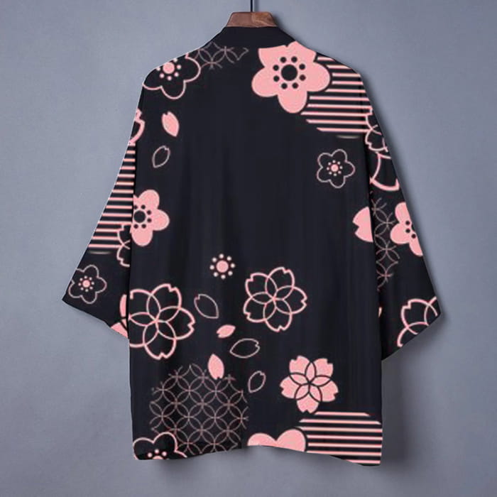 Vintage Pink Floral Print Cardigan Kimono Outerwear - Black