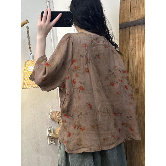 Women Summer Vintage Floral O-Neck Buckle Cotton Shirt