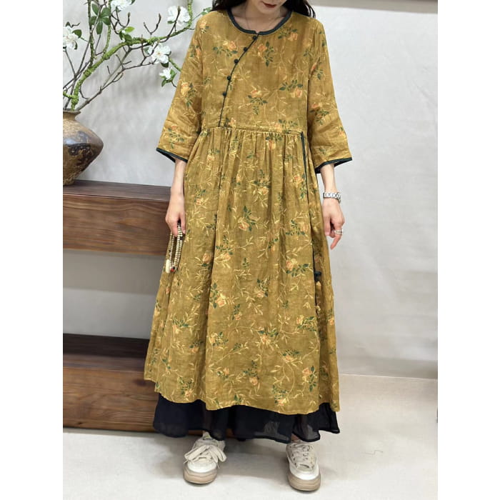 Women Summer Vintage Floral Spliced Ramie Loose Dress