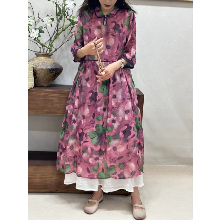 Women Summer Vintage Flower Turn-down Collar Ramie Dress