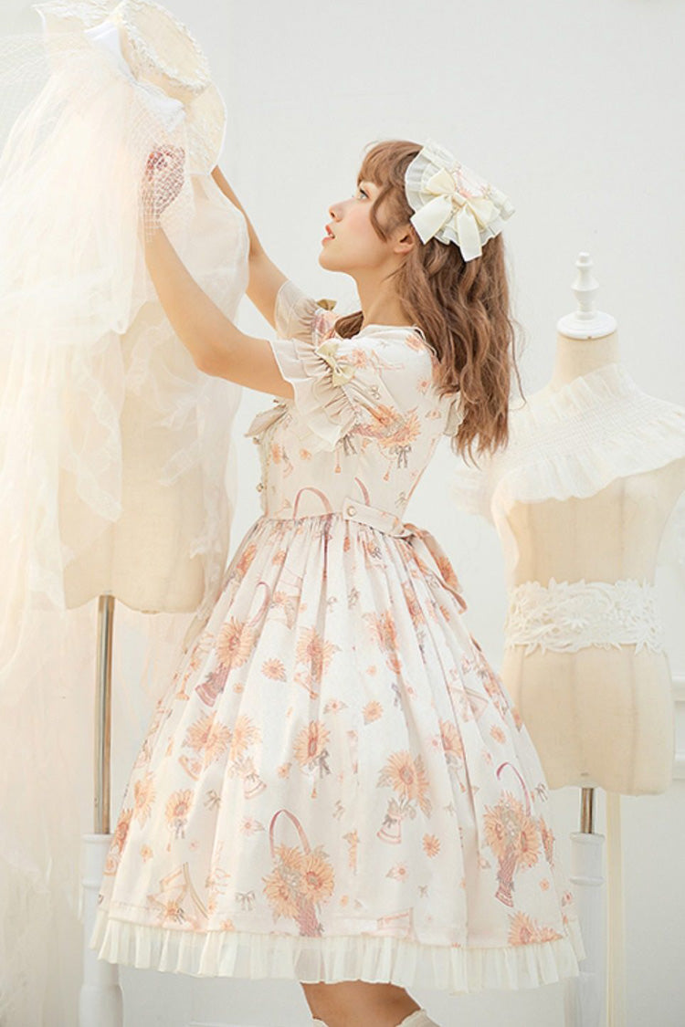 Cream Miss Sunflower Short Sleeve Printed Bow Frilled Sweet Lolita Dress