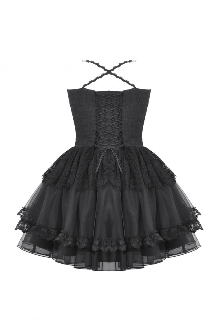 Lace Trimmed Lace-Up Gothic Party Slip Dress with V-Neck