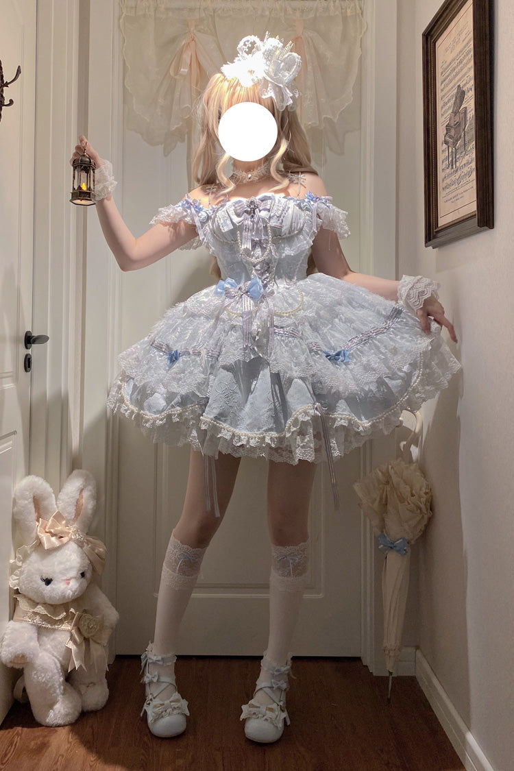Anna's Ball Square Collar Ruffled Hanayome Bow Lace Ballet JSK - Blue