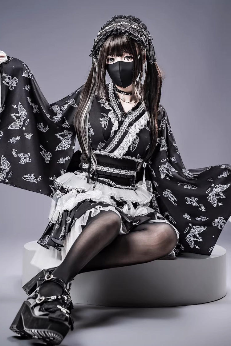 Studded Ruffled Lace Print Gothic Jirai Top and Skirt Set in Three Shades