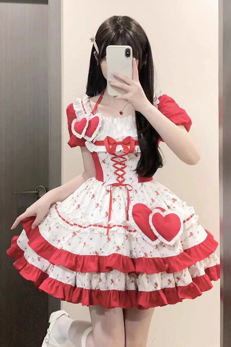 Red Double-Layered Floral Print Ruffled Bowknot Sweet Dress