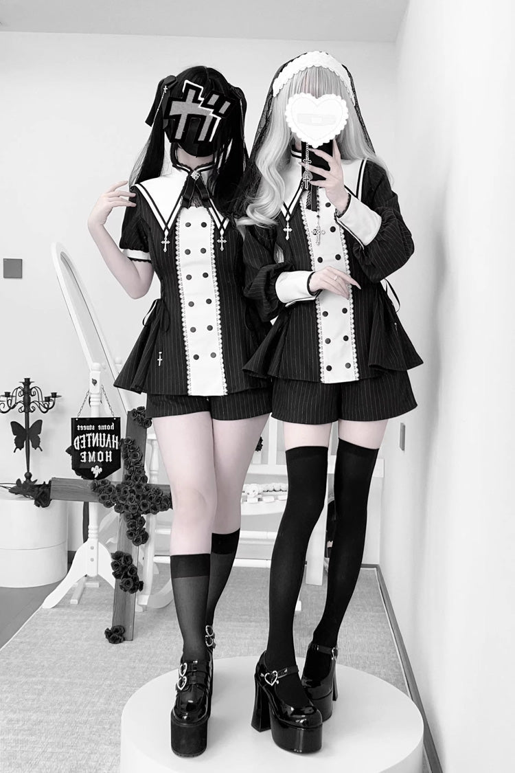 Offbeat Confession Printed Ruffled Bow Gothic Jirai Kei Dress Shorts Set