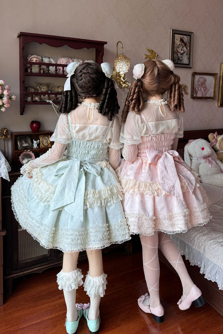 Good Night Peach Sleeveless Multi-Tiered Ruffled Bow Lace Sweet Chinese Style Lolita Jumper Dress Three Colors