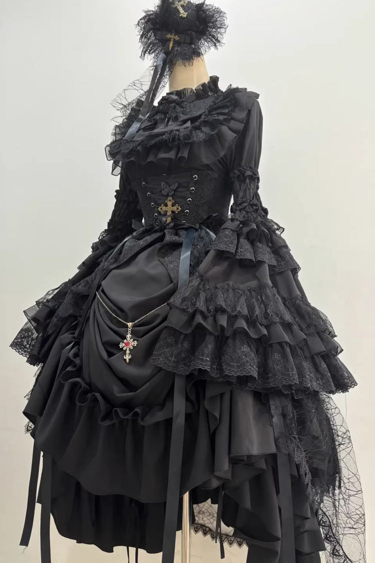 Black Eternal Taboo Long Hime Sleeves Ruffled Bow Gothic Skirt Dress Set