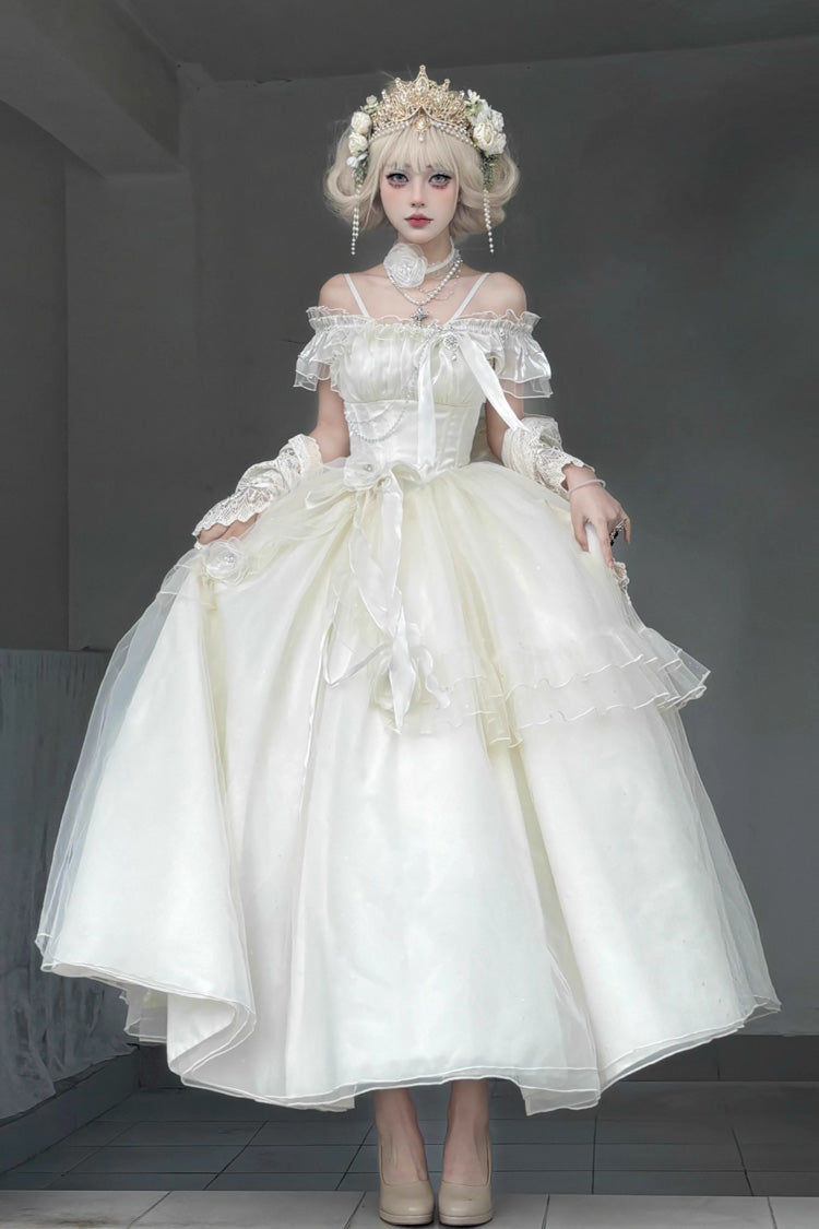 Elegant Apricot Off-Shoulder Ruffle Bow Asymmetric Princess Lolita Gown