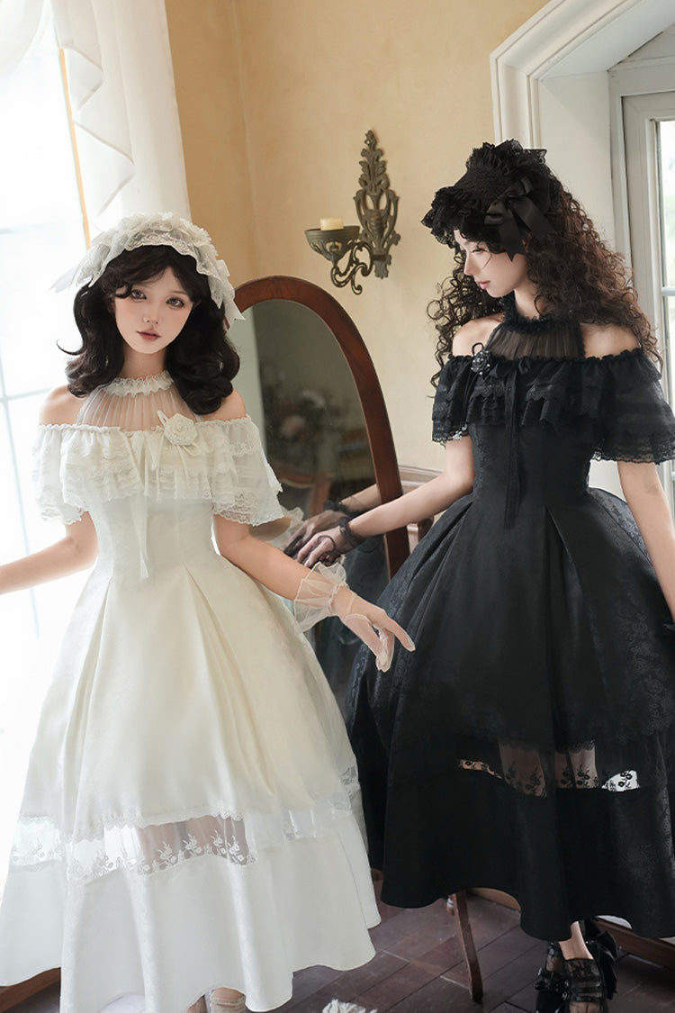 Ivory Off Shoulder Halter Print Ruffle Gothic Elegant Dress