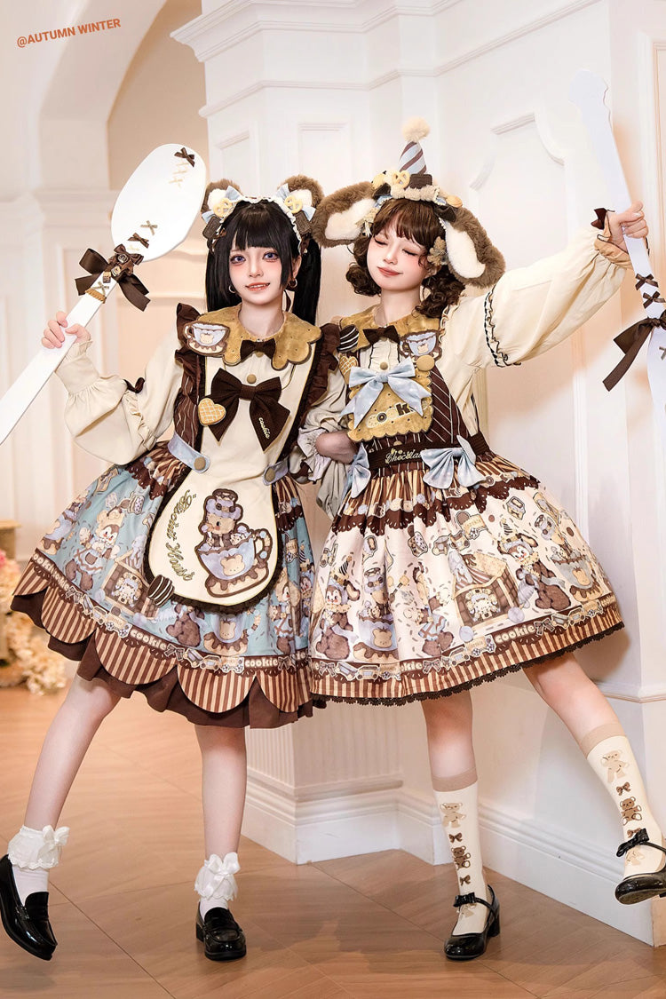 Long Sleeve Print Bow Sweet Dress Set