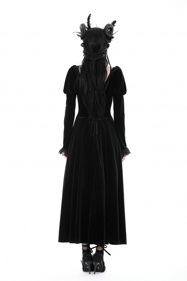 Ink Crewneck Long Puff-Sleeve Lace Hem High-Low Velvet Gothic Wedding Dress for Women