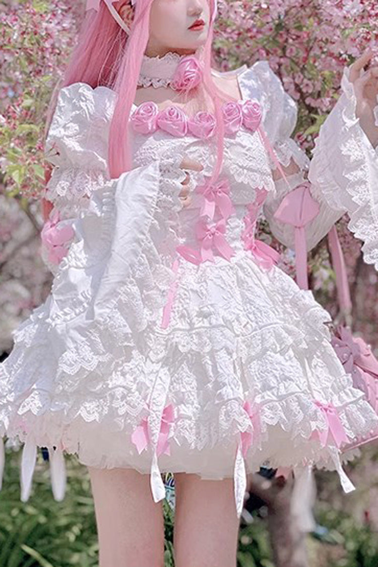 Ivory & Pink Puff-Sleeve Princess Gothic Lolita Tiered Gown