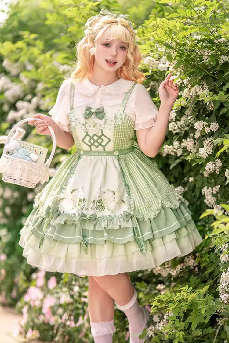 Emerald Country-Style Ruffle Bow Sweet Lolita JSK with Apron