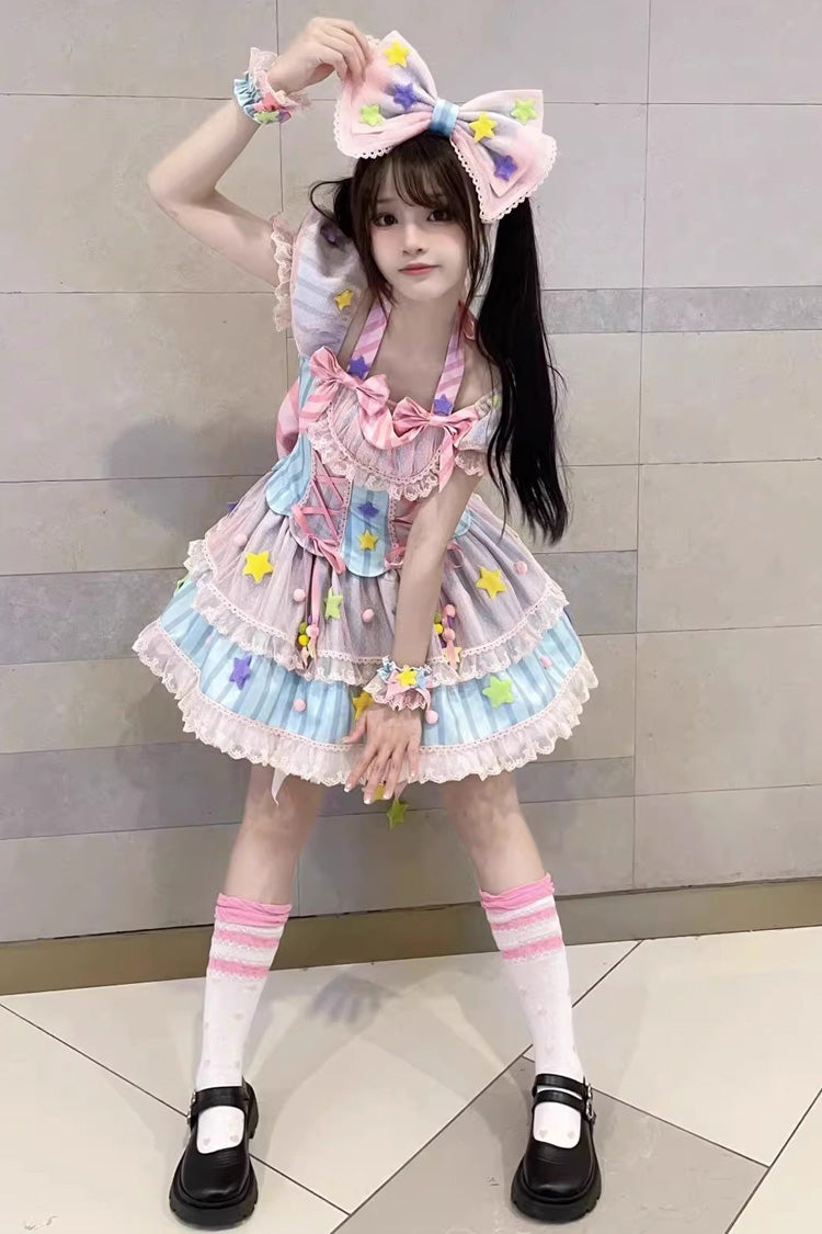 Pastel Multi Print Bowknot Star Motif Sweet Lolita Mini Dress