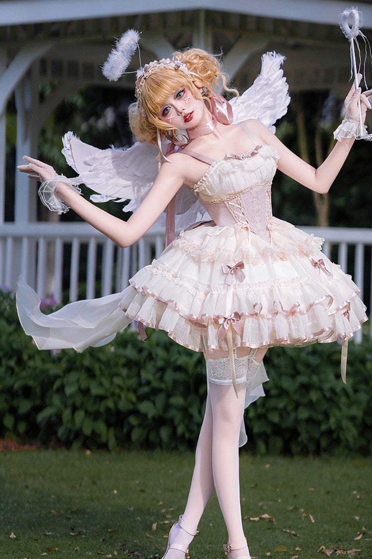 Pink Ballet-Style JSK Dress with Bow and Lace-Up Front