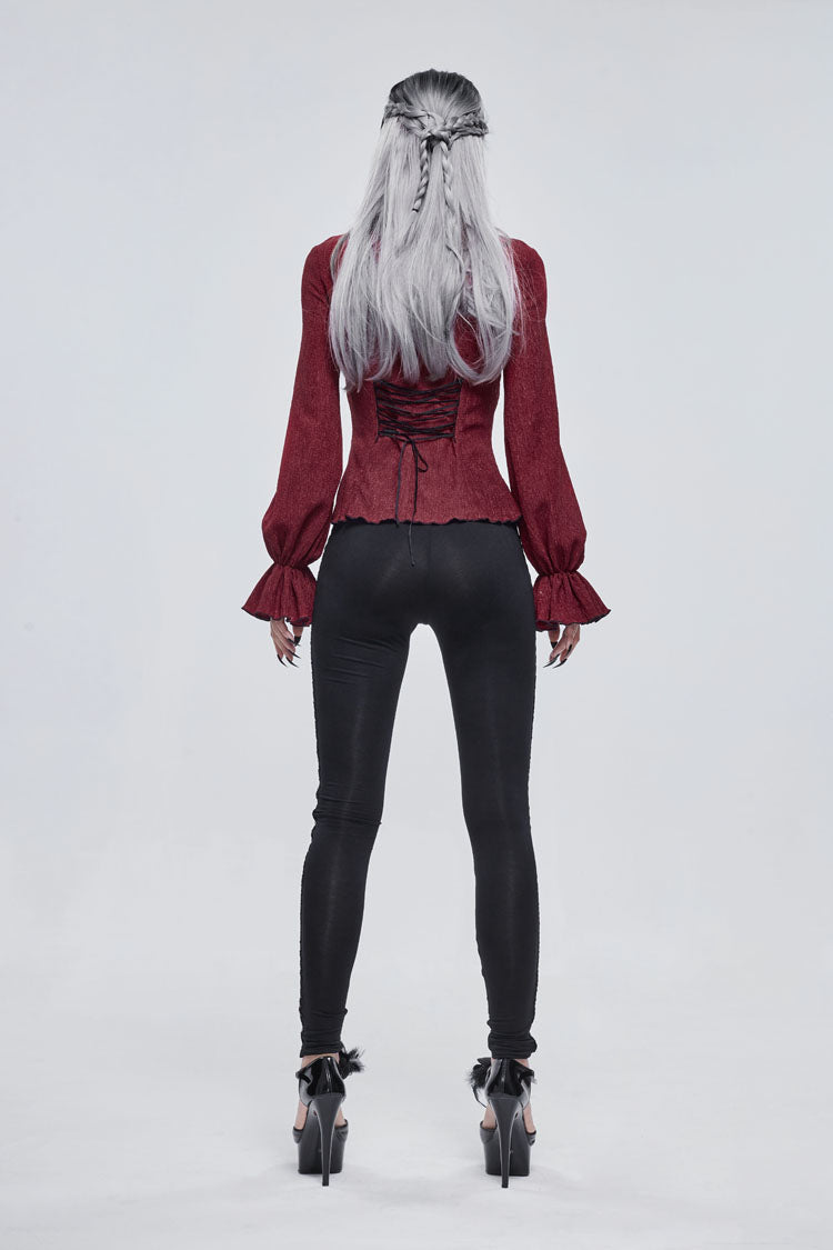 Crimson High Neck 3D Embroidered Lantern Trumpet Gothic Shirt