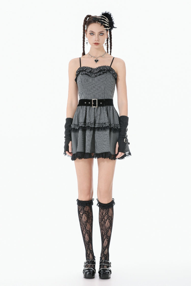 Ruffled Pinstripe Sleeveless Mini Slip Dress - Gothic