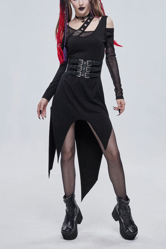 Asymmetric Distressed Ghost Buttonhole Punk Dress