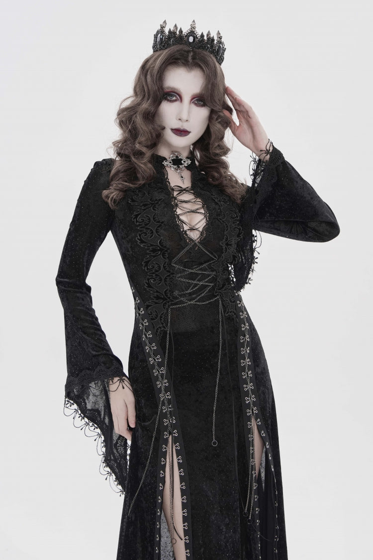 Dramatic Black Hanayome Lace Lace-Up Chain-Decorated Trumpet Sleeve Halter Gothic Plunging Split Maxi Gown