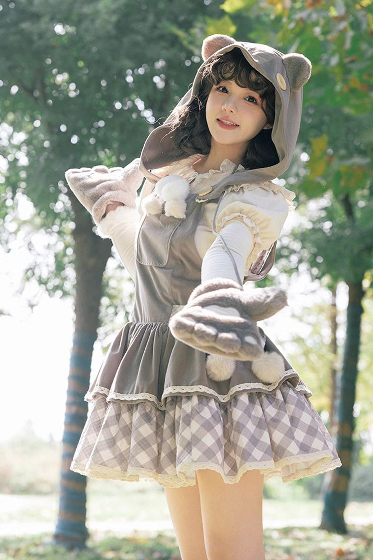 Grey Cute Grizzly Bear Plaid Bowknot Sweet Lolita Jsk Dress