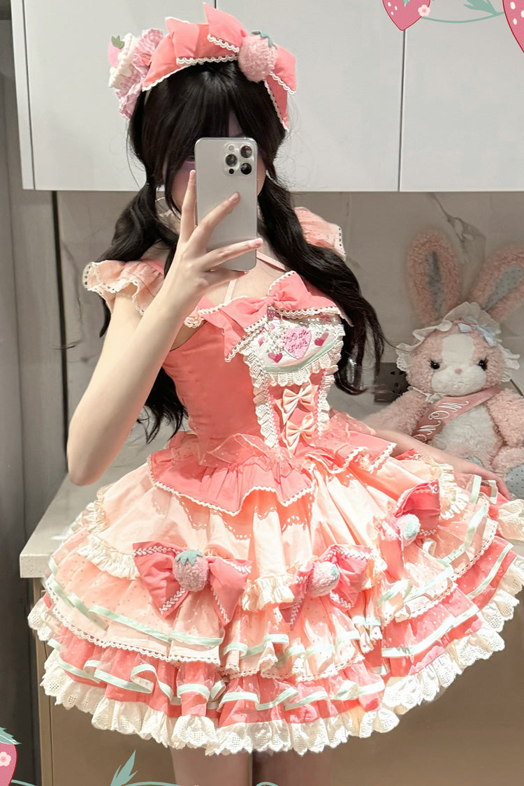 Pink Tiered Sweet Lolita Dress with Print and Multi-Layered Ruffle Bowknot