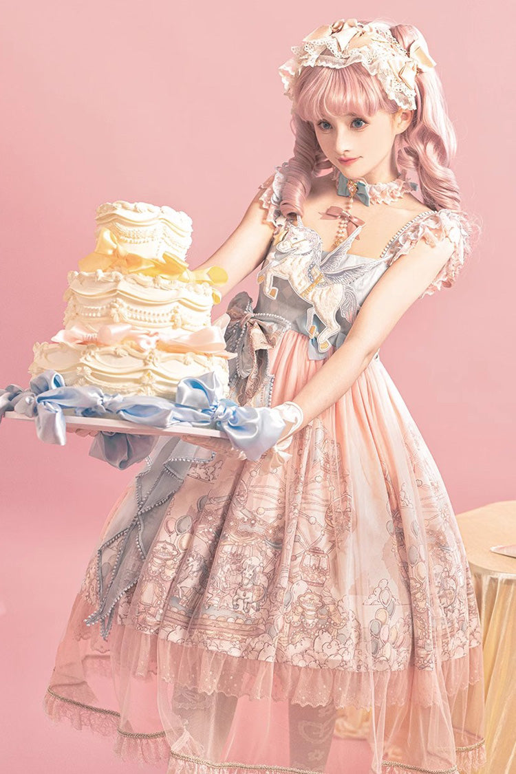 Cloud Paradise Print Ruffle Embroidery Bow Lace Sweet JSK Dress in Pink