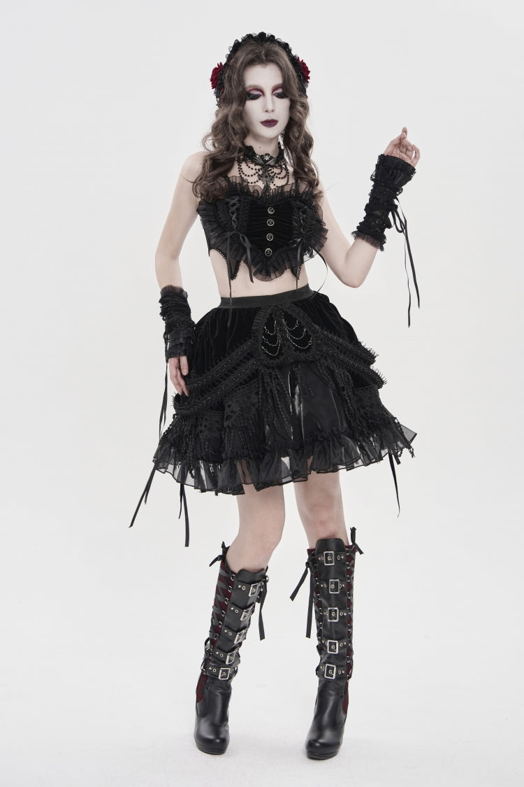 Dark Ruffled Corset with Bow Accents and Off-Shoulder Design