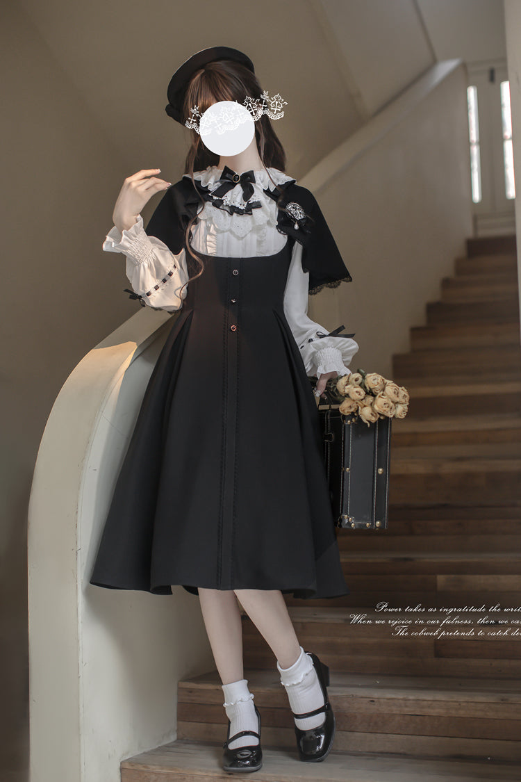 Black/White Sunset Academy Long Sleeves Ruffled Bow Fake Two Pieces Vintage Collegiate Elegant Lolita Gown