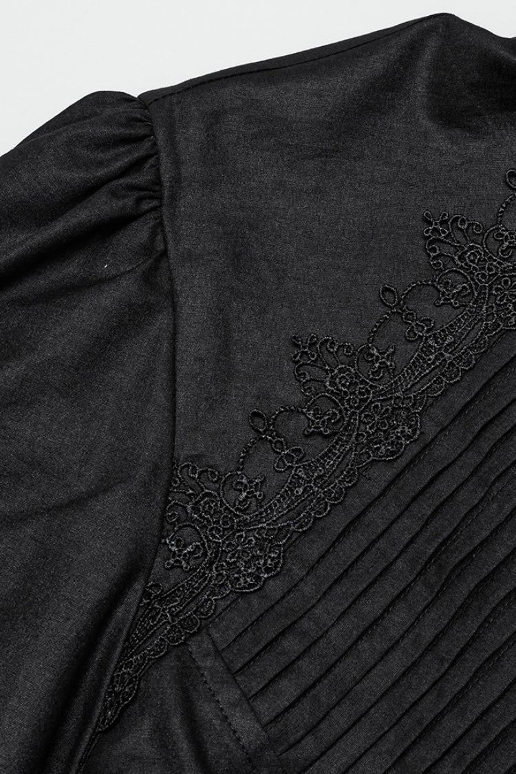 Jet-Black Gothic Blouse with Puffed Sleeves and Lace Accents for Men