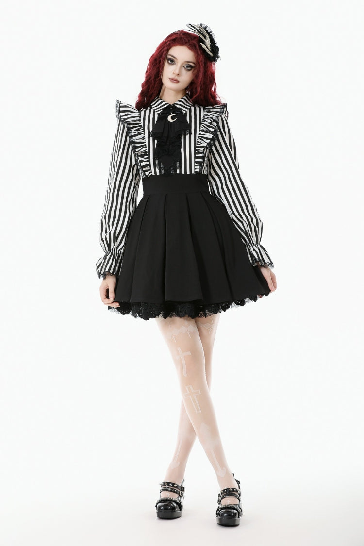 Striped Lapel Collar Long Sleeves Moon Lace Bow Ruffled Pleated Gothic Dress