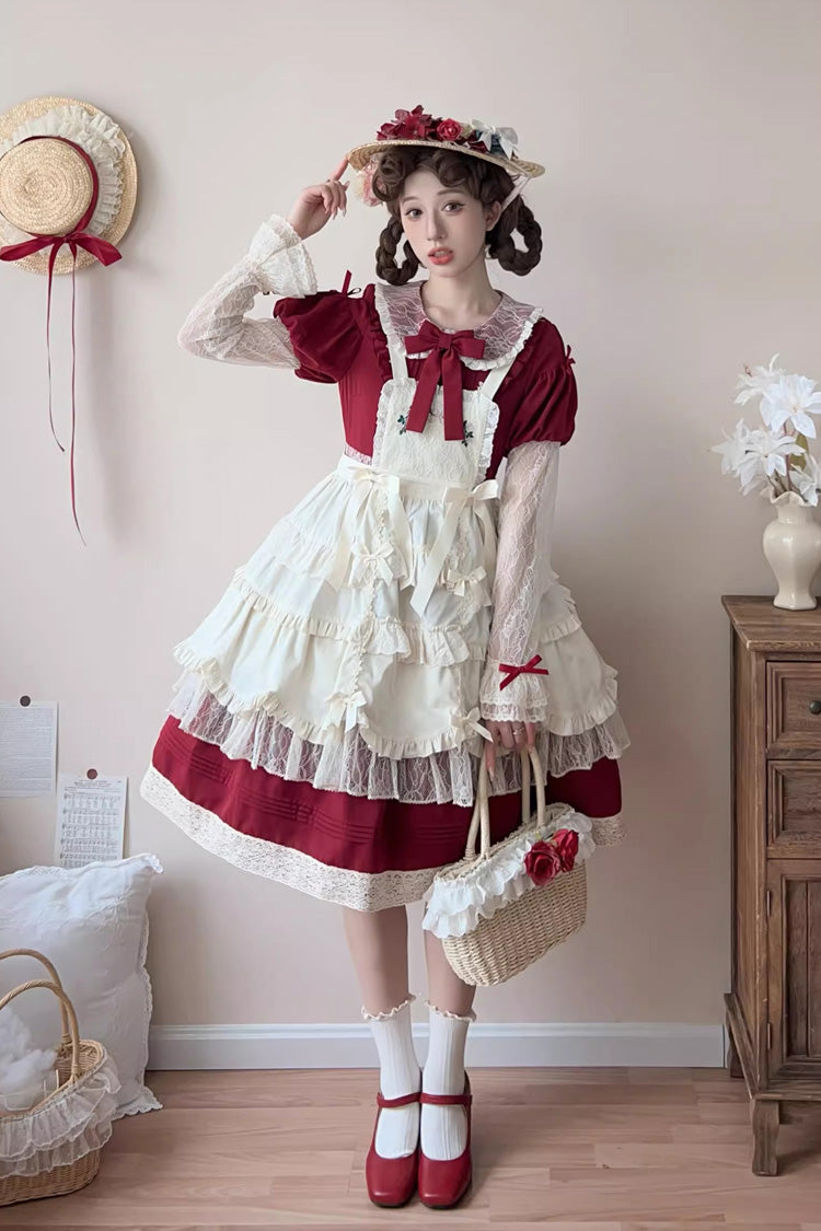 Lapel Collar Long Sleeve Embroidery Bow Lace Sweet Lolita Dress - Red