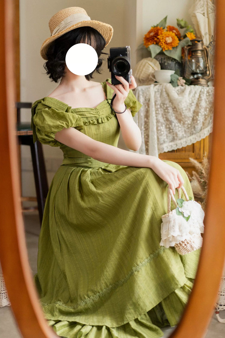 Square Collar Ruffled Bow Dress - Forest Gallery
