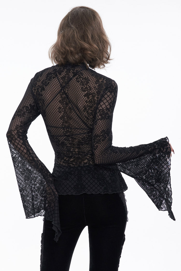 Midnight Velvet Lace Flared-Sleeve Gothic Tee with Metal Accents