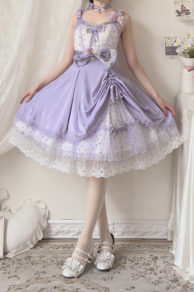 Violet Polka Waltz Sleeveless Printed Bow Stitched Lace JSK