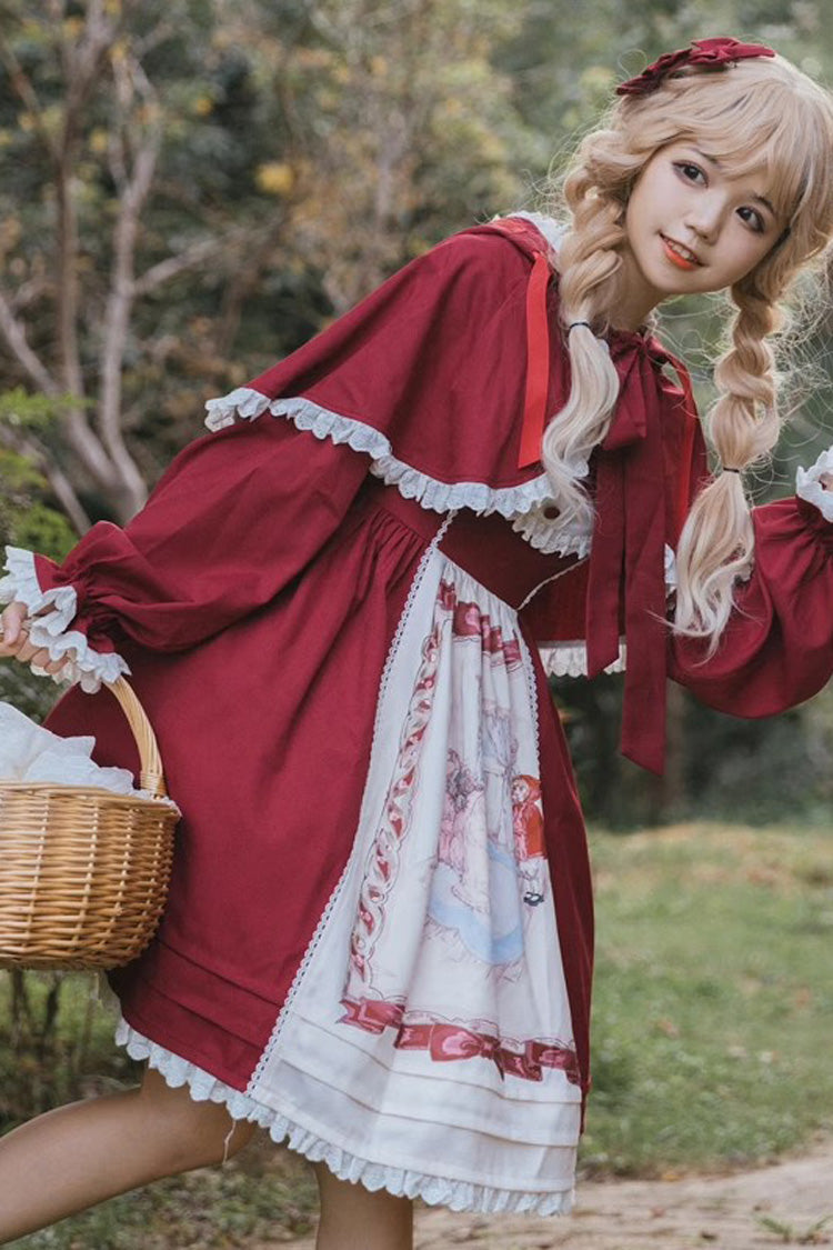 Little Red Riding Hood Red Sleeveless Print Ruffle Bowknot Sweet Princess JSK Dress