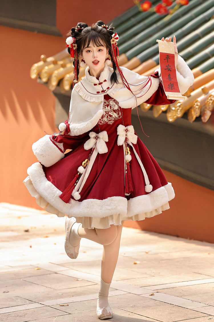 Crimson Embroidered Bow Chinese Sweet Lolita Hanfu Dress